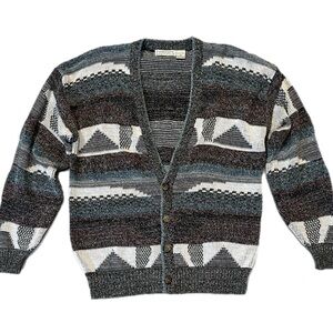 Vintage Expressions Worldwide Geometric Knit V-neck Cardigan Sweater, Medium